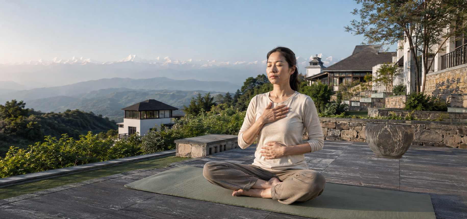 Dusit Thani Himalayan Resort 山景露台上的呼吸調息練習
